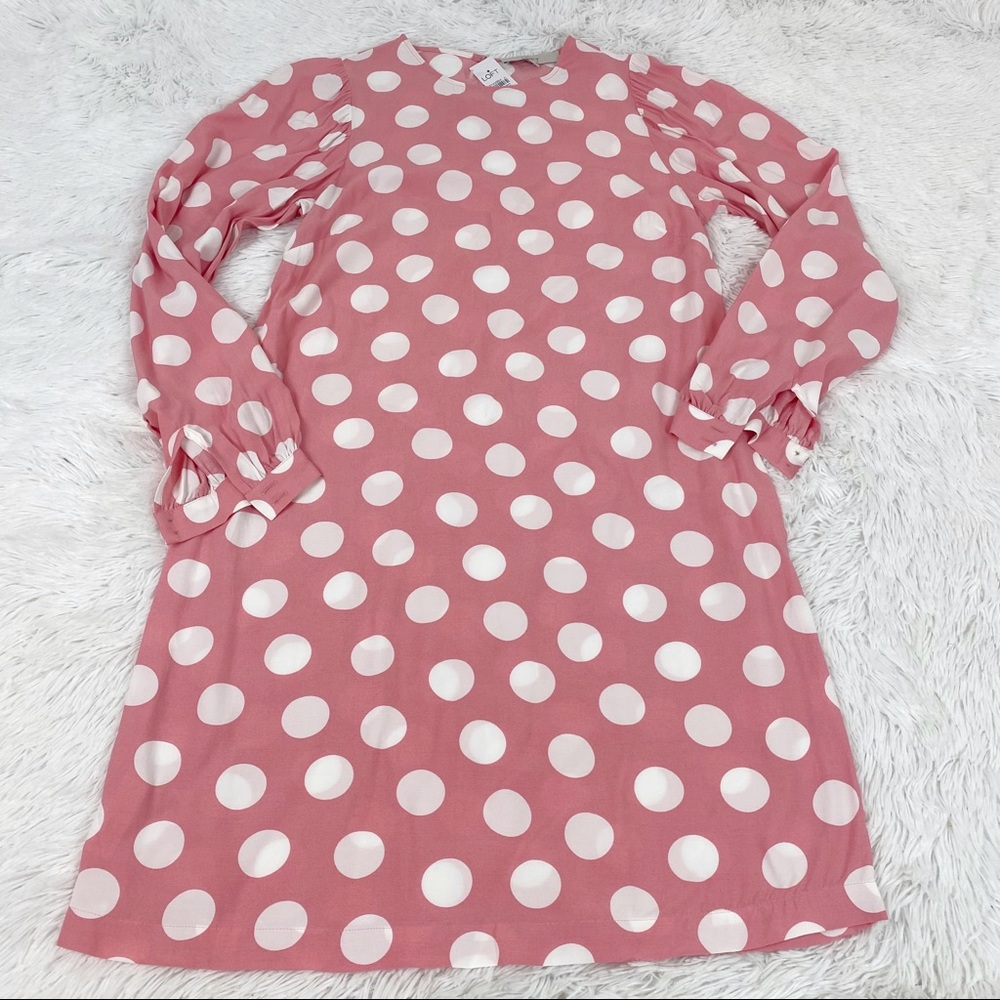Loft long sleeve polka dot‎ shift dress crew neck pink and white